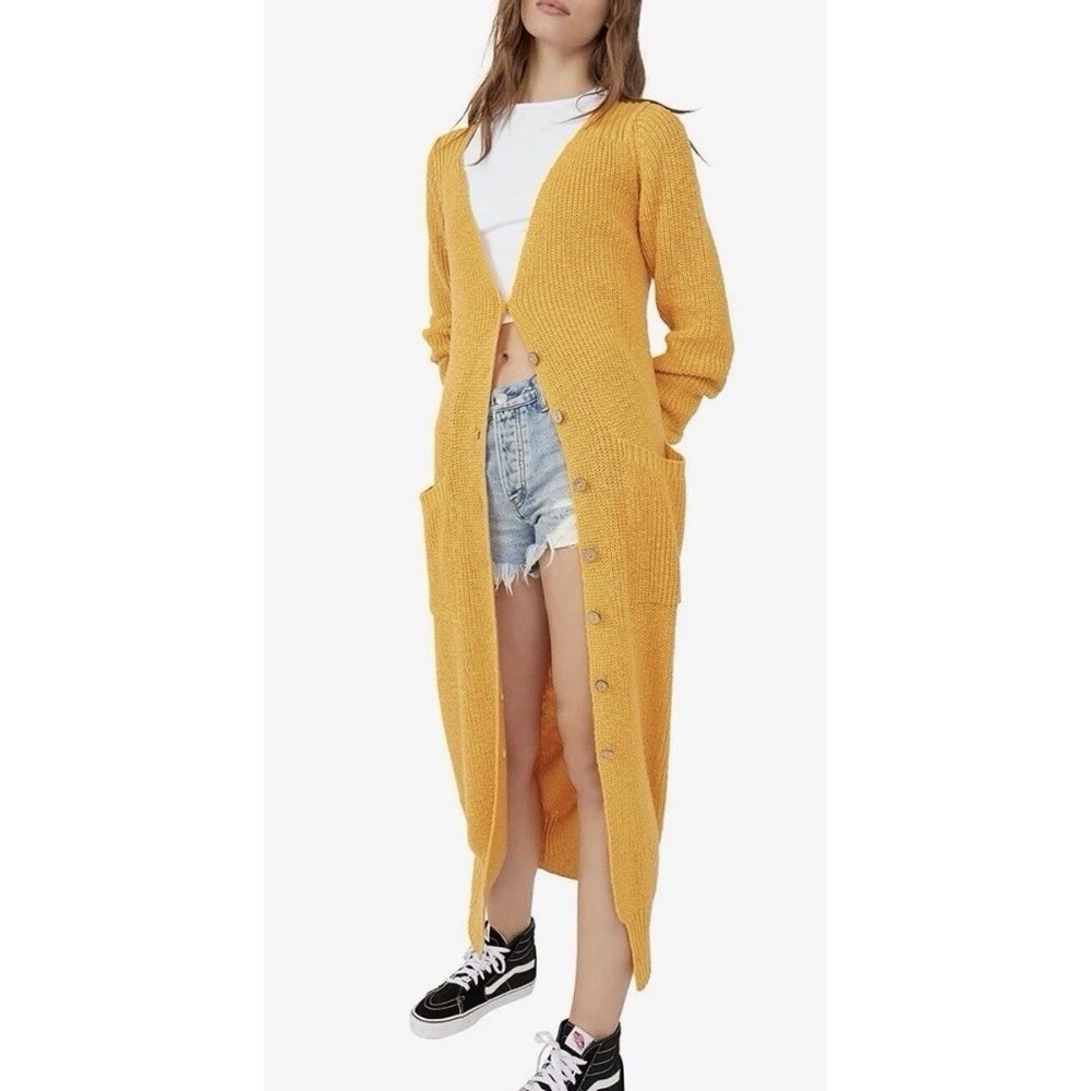 Free People Its Alright Cardi Maxi Apricot Yellow Ribbed Knit Duster Sweater M